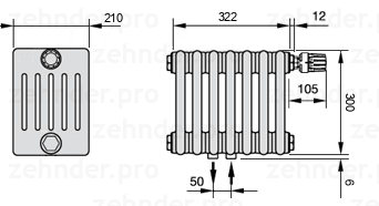 Схема (чертеж) Радиатор Zehnder Charleston 6030/7 №V008 Белый глянцевый RAL 9016